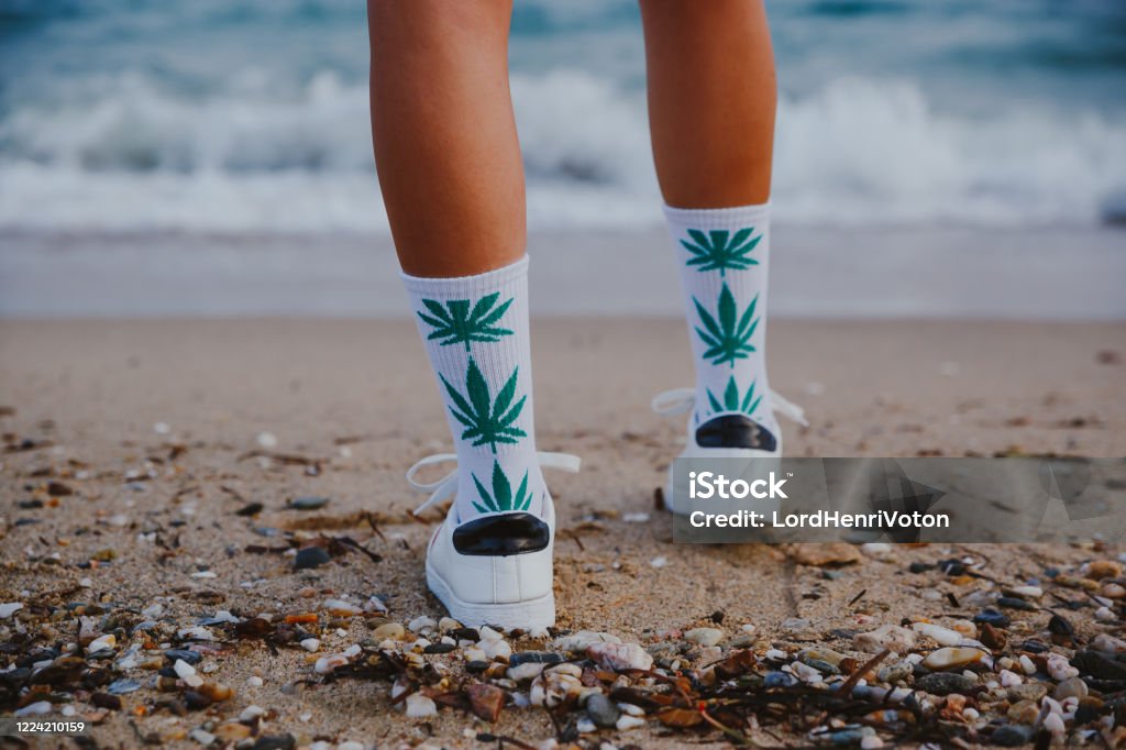 Woman on beach with marijuana socks The legs of a woman wearing socks with images of cannabis leaf on the beach Cannabis Plant Stock Photo