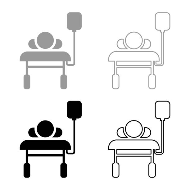 ilustrações de stock, clip art, desenhos animados e ícones de patient lying on medical bed couch with dropper man with dropping bottle emergency therapy concept injecting resuscitation intensive care icon outline set black grey color vector illustration flat style image - cair no sofá