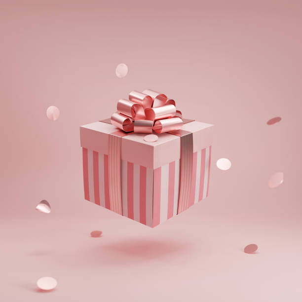 istock Pink gift box with golden ribbon bow levitating on pastel pink background. Flying stripped present with confetti abstract commercial for woman concept. Creative realistic minimal banner 3d render 1224210659