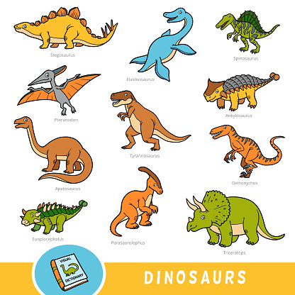 Set Of Dinosaurs Collection Of Vector Animals With Names In English Cartoon  Visual Dictionary For Children Stock Illustration - Download Image Now -  iStock