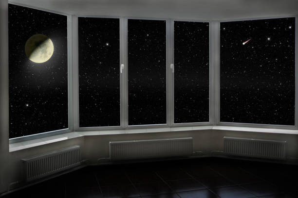 window with view to Moon and dark stellar sky. Cosmic landscape seen from window