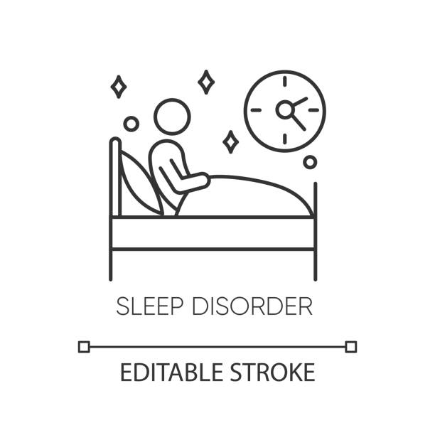 illustrations, cliparts, dessins animés et icônes de icône linéaire de privation de sommeil. insomnie. cauchemar et terreur nocturne. la dyssomnie. trouble mental. illustration mince de ligne. symbole de contour. dessin de contour isolé de vecteur. course modifiable - se réveiller