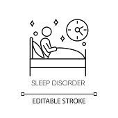 istock Sleep deprivation linear icon. Insomnia. Nightmare and night terror. Dyssomnia. Mental disorder. Thin line illustration. Contour symbol. Vector isolated outline drawing. Editable stroke 1224211354