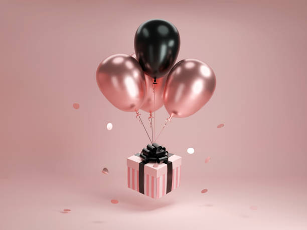 istock Flying gift box with helium shiny balloons. Levitating stripped pastel pink present with black balloon in studio. Creative minimal holiday, birthday presents concept or banner. Realistic 3d render 1224211531
