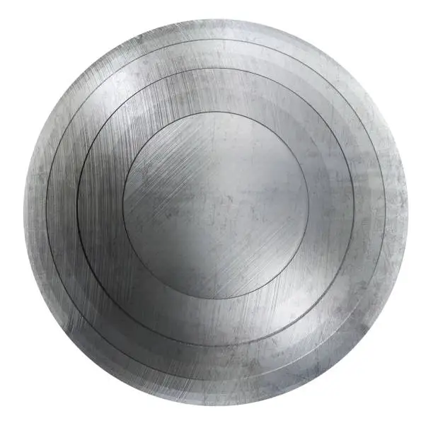 Round Shield with Scratched Metal Texture. Isolated on White. 3D Illustration with Clipping Path.