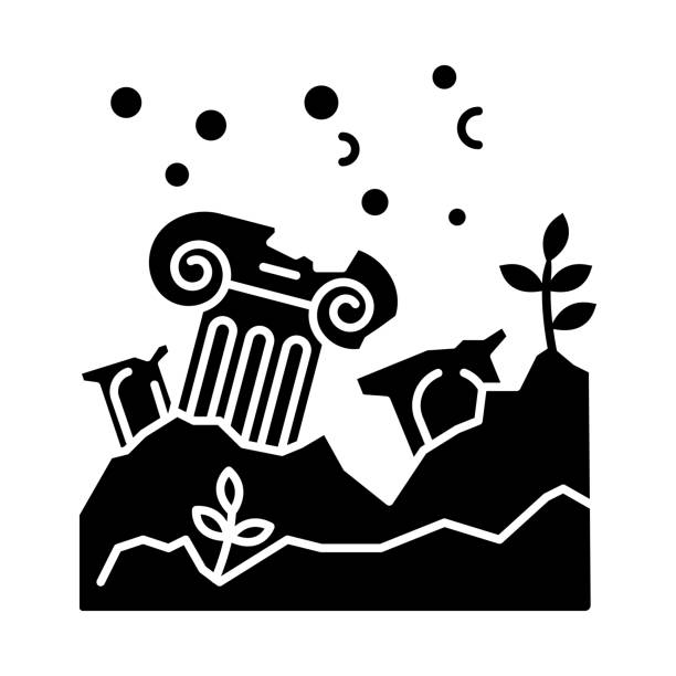 Lost city glyph icon. Ancient ruins in ocean. Columns underwater. Damaged pillar on sea bottom. Broken temple. Archeological discovery. Silhouette symbol. Negative space. Vector isolated illustration Lost city glyph icon. Ancient ruins in ocean. Columns underwater. Damaged pillar on sea bottom. Broken temple. Archeological discovery. Silhouette symbol. Negative space. Vector isolated illustration lost in space stock illustrations