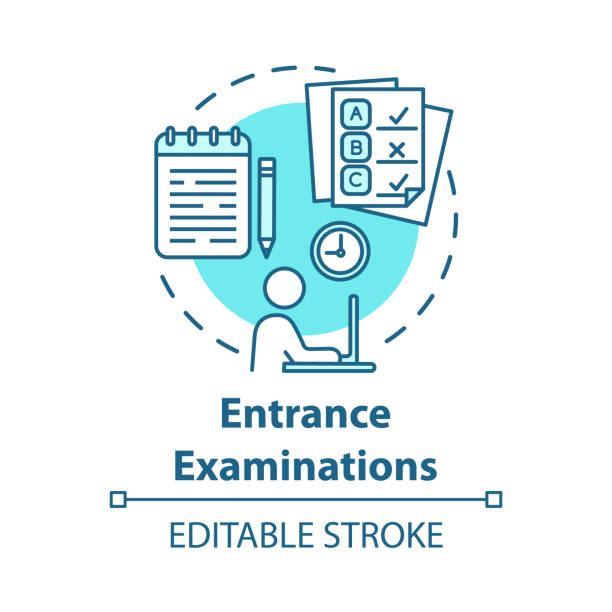 ilustrações, clipart, desenhos animados e ícones de ícone do conceito do vestibular. exame de entrada. passando no teste. lute por um lugar para estudar. verifique o conhecimento e o nível de treinamento da ideia de ilustração de linha fina. desenho de contorno isolado vetorial. traçado editável - entrance test