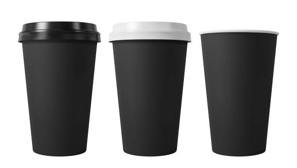 istock Black paper coffee cups with black and white lids. Open and closed paper cup. Realistic vector mockup. 1224213586