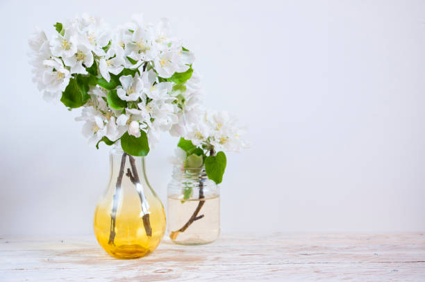 istock Blooming apple tree branches in a glass vase on a light background. Home interior with spring decor. 1224213754