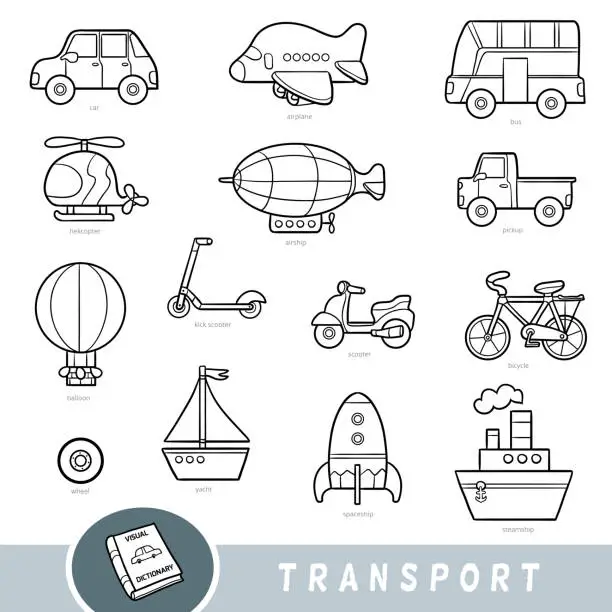 Vector illustration of Black and white transport set, collection of vector items with names in English. Cartoon visual dictionary