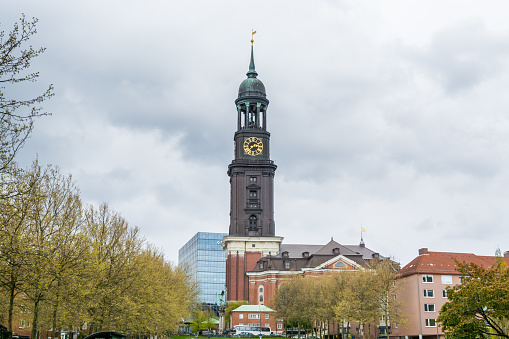 Clock tower of Church of St. Michael, Hamburg, Germany. A landmark of the city and it is considered to be one of the finest Hanseatic Protestant baroque churches