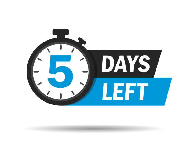 5 days left label with countdown for promo design. Count down timer for sale announcement. Date counter badge with limited time on clock. Five last day of sale icon on white background. Design vector. 5 days left label with countdown for promo design. Count down timer for sale announcement. Date counter badge with limited time on clock. Five last day of sale icon on white background. Design vector five minutes stock illustrations