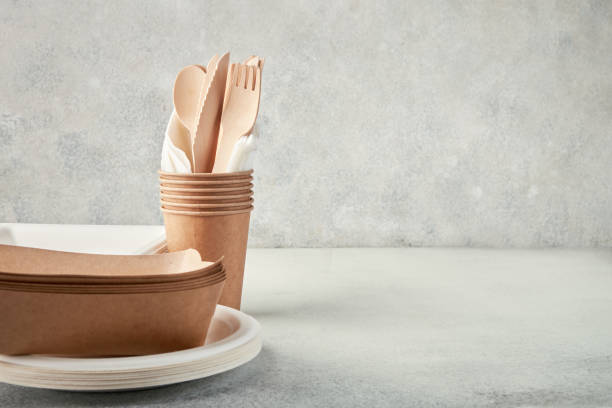 istock Biodegradable disposable tableware. Paper plates, cups, boxes. Wooden cutlery. 1224216808