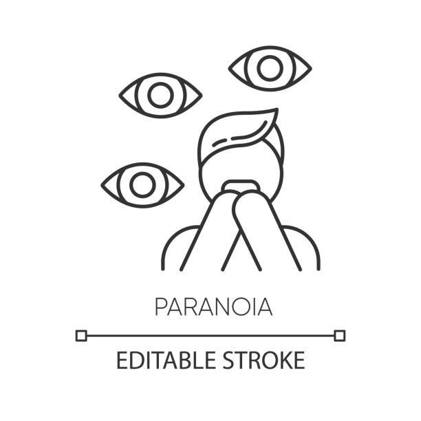 Paranoia linear icon. Panic attack. Scared person. Fear and phobia. Stress and anxiety. Mental disorder. Thin line illustration. Contour symbol. Vector isolated outline drawing. Editable stroke Paranoia linear icon. Panic attack. Scared person. Fear and phobia. Stress and anxiety. Mental disorder. Thin line illustration. Contour symbol. Vector isolated outline drawing. Editable stroke eye icons editable stock illustrations