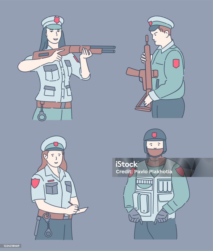 Ilustración de Agentes De Policía Ilustración Vectorial De Dibujos Animados  Guardias De Seguridad Sosteniendo Armas Y Emitiendo Multas y más Vectores  Libres de Derechos de Arma - iStock