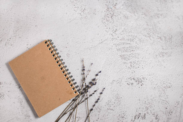 istock Clean notebook and dried lavender flowers on clear bright background , desktop mock-up 1224218589