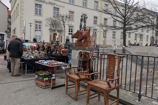 Hannover, Germany- March 2, 2019 : Local people visit flea market or second hand market in Hannover, Germany.