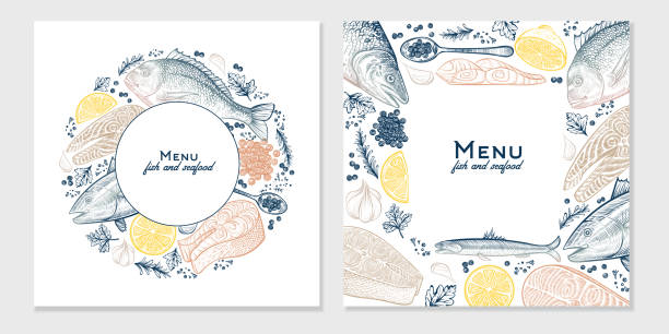 Vector frame with seafood and fish sketched dishes. Hand drawn vintage menu background. Template design. Vector circle and square frame with seafood and fish sketched dishes. Hand drawn color illustration of salmon, dorado, fish steak, tuna, caviar. Vintage menu background. Template design. fish food stock illustrations