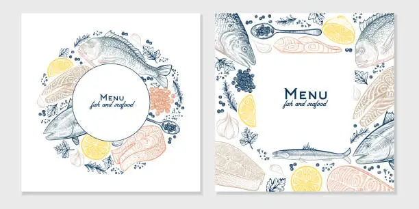 Vector illustration of Vector frame with seafood and fish sketched dishes. Hand drawn vintage menu background. Template design.