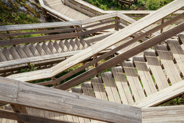 Labyrinth of stairs, steps and handrails in wood. stock photo