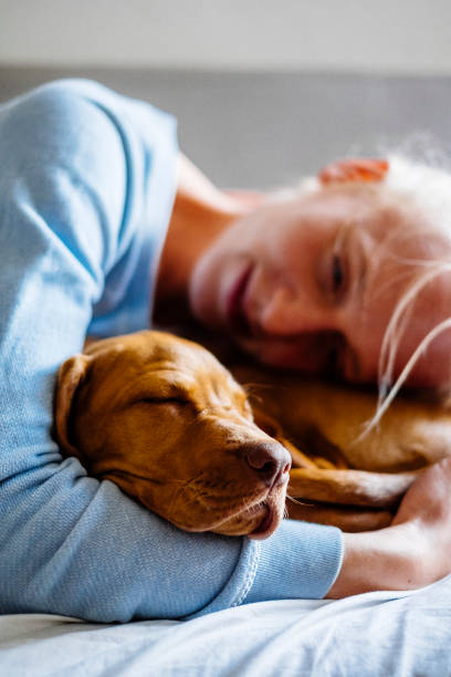 istock Young puppy sleeping close to owner 1224226247