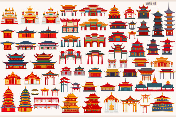ilustrações, clipart, desenhos animados e ícones de conjunto de templos chineses, portões e edifícios tradicionais - templo