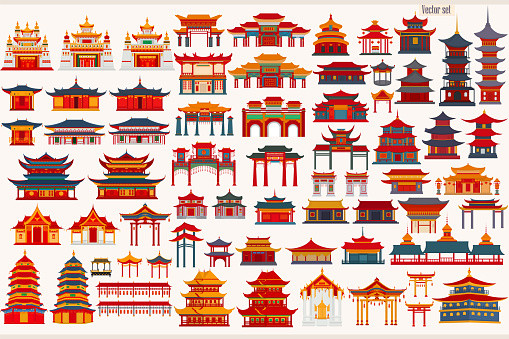 Set of Chinese temples, gates and traditional buildings