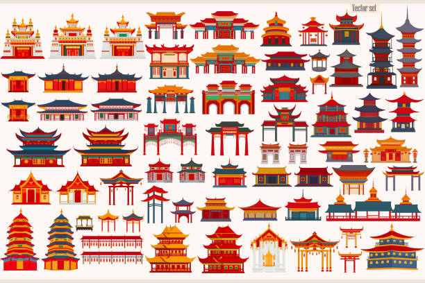 Set of Chinese temples, gates and traditional buildings Set of Chinese temples, gates and traditional buildings on a light gray background cartoon palace stock illustrations