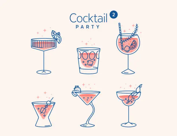 Vector illustration of CCOCKTAIL glasses minimal vector thin line illustration. Six refreshing cocktails with ice cubes and lemons. Party in the club. Created for menu designs. Set of alcoholic drinks like Mojito or Martini