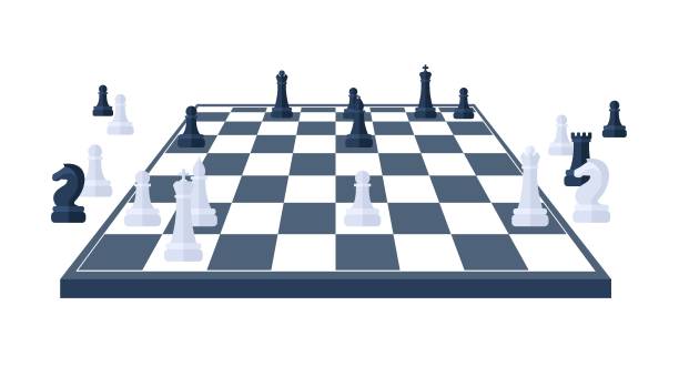 체스 판에 검은 색과 흰색 체스 조각. 체스 콤비네이션 크로스 일러스트 - black hobbies chess knight chess stock illustrations