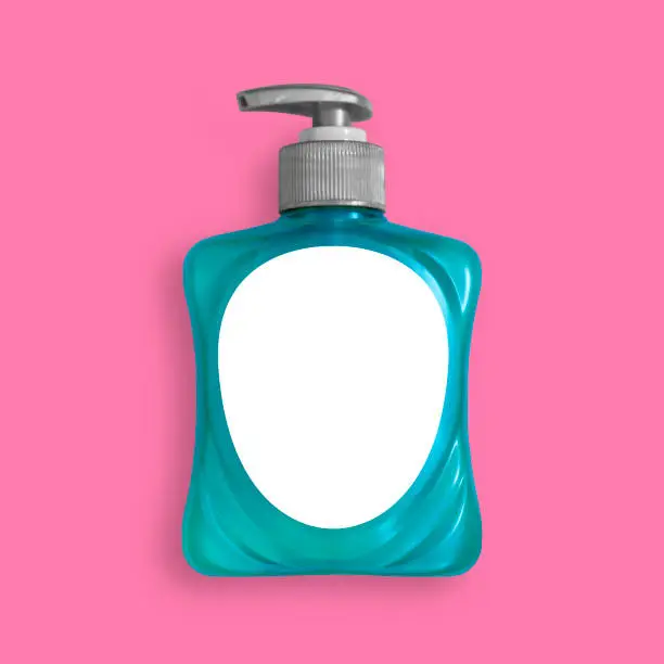 Hand sanitizer, washing gel, liquid soap, alcohol rub, pump bottle dispenser close up, isolated and presented in punchy pastel colors, with customizable label for creative design