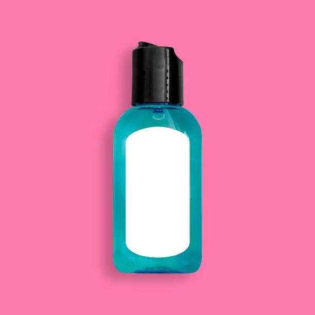 Hand sanitizer, liquid soap, washing gel, alcohol rub, squeeze bottle dispenser close up, isolated and presented in punchy pastel colors, with customizable label for creative design