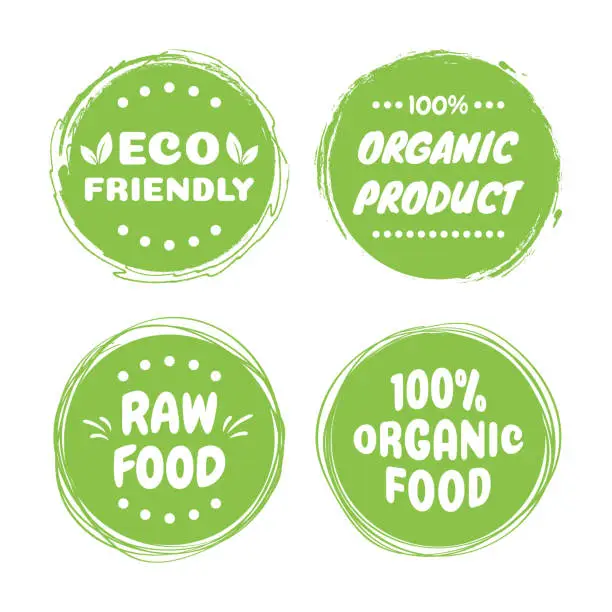 Vector illustration of Organic healthy vegan food labels. Natural, fresh, organic food stickers collection. Vector graphic design.