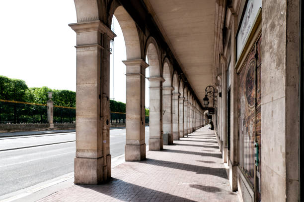 Rue de Rivoli in Paris : usually crowded and bottled, the street and the gallery under the arches  are empty during pandemic Covid 19 in Europe. There are no people and no cars because people must stay at home and be confine. Schools, restaurants, stores, museums... are closed. Paris, in France.  May 9th, 2020.