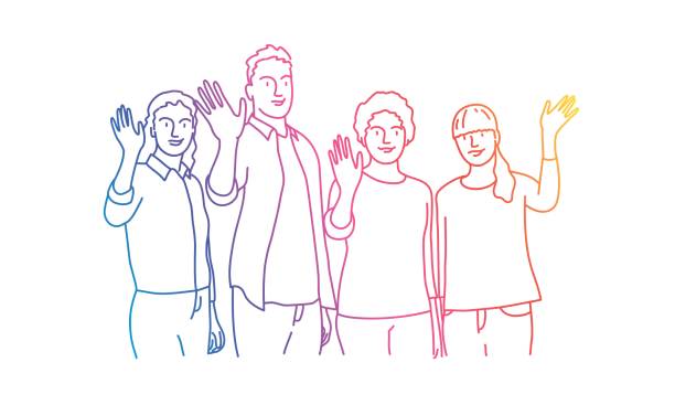 People waving hand. People waving hand. Rainbow colors in linear vector illustration. greeting illustrations stock illustrations