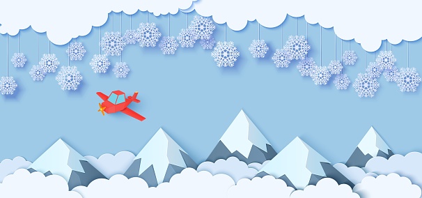 Snowflakes on ropes hanging over mountains and red airplane flying in paper cut style. Clouds in blue sky, plaine and snow capped mountains. Vector papercut winter concept. Merry Christmas sale