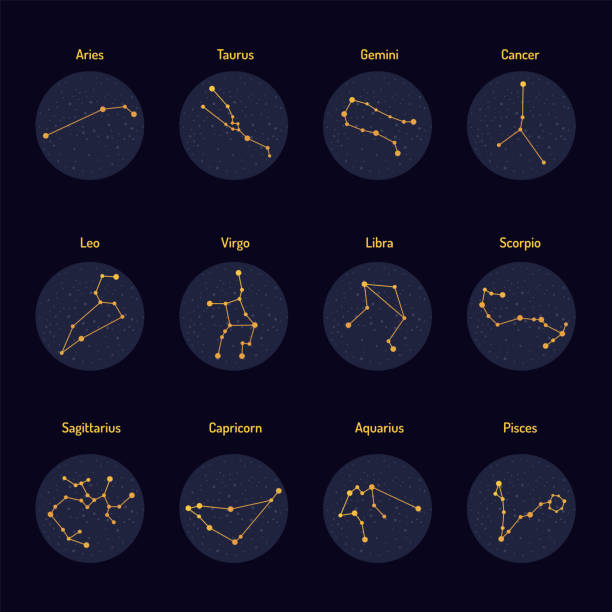 Golden and blue coloured set of zodiac sign constellation icons Golden and blue coloured set of zodiac sign constellation icons on dark background with text. All design elements are layered. gold or aquarius or symbol or fortune or year stock illustrations