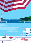 Swimming pool in seashore resort flat color vector. Blue ocean scenic view pop art retro poster. Holiday vacation season sea travel leisure. Tourist sea trip rest advertisement background illustration