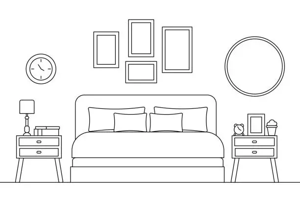 Vector illustration of Cozy bedroom linear interior scene with furniture isolated on white background.