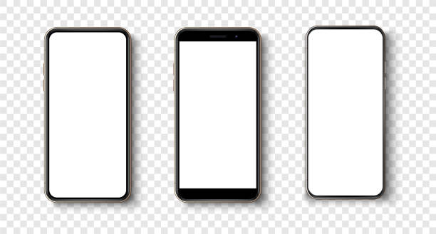 빈 흰색 화면과 높은 품질 사실적인 트렌디 한 프레임 스마트 폰. 비주얼 ui 응용 프로그램 데모에 대한 모의 전화. 벡터 모바일 세트 장치 개념입니다. 상세한 모형 스마트폰 - 휴대전화 stock illustrations