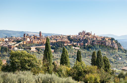 Orvieto, Italy - October 12, 2016: Panoramic view of Orvieto in Umbria. This photograph was taken midday with full frame camera and Zeiss telephoto lens.