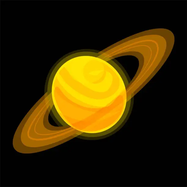 Vector illustration of Saturn Cartoon illustration Isolated on black background. Jupiter vector icon. Yellow planet with ring Stock sticker. Cosmo Globo logo with rings. Orange giant flat element
