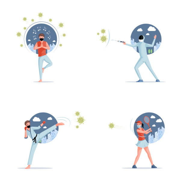 istock Stop COVID-19 vector flat illustration. People fighting with Coronavirus and living in self isolation. 1224239244