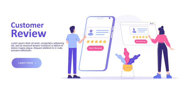 Customer review or feedback concept. People giving feedback and choosing satisfaction rating on smartphone app. Customer service and user experience. Landing page template. Vector web illustration vector art illustration
