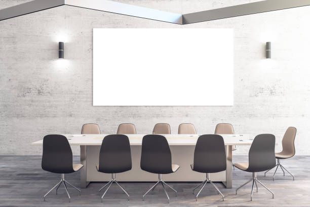 istock Minimalistic meeting interior with blank banner on wall. 1224240060
