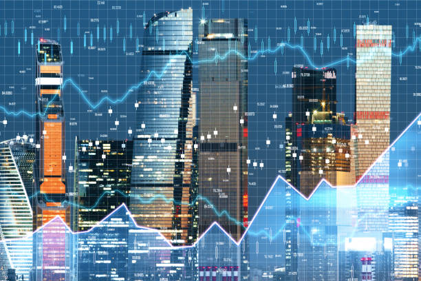 istock Glowing stock chart on blurry city background. 1224240723