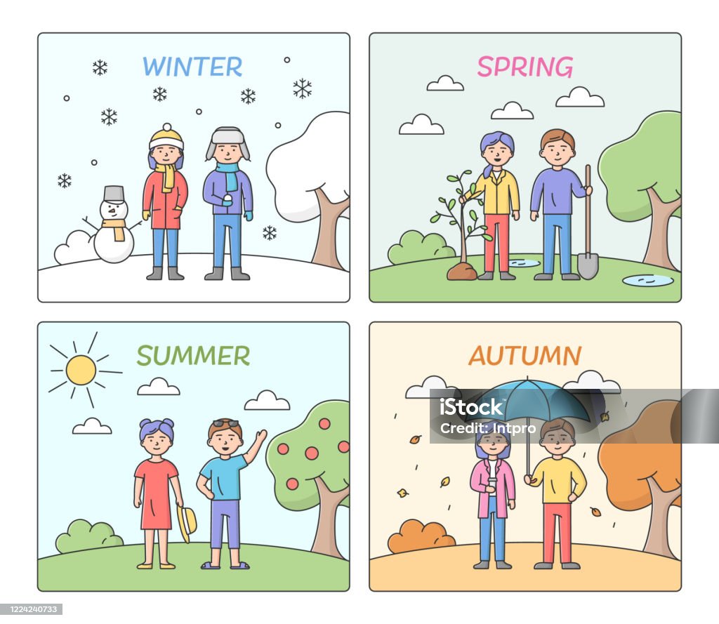 Concept Of Seasons People Leisure And Clothes According To Time Of The Year  Summer Autumn Winter And Spring With Male And Female Characters Cartoon  Linear Outline Flat Vector Illustrations Set Stock Illustration -