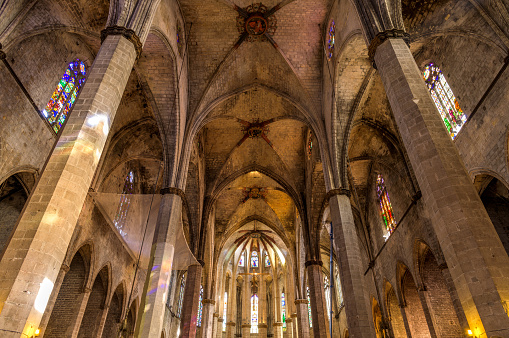 Interior of Santa Maria del Mar - A low-angle and wide-angle view of interior of the 14th century church Santa Maria del Mar - 