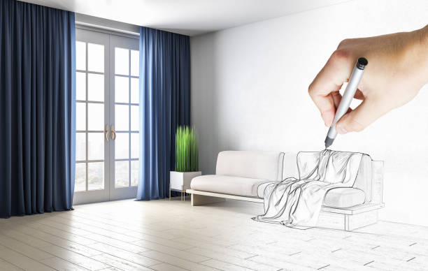 istock Hand drawing modern living room with sofa 1224241496