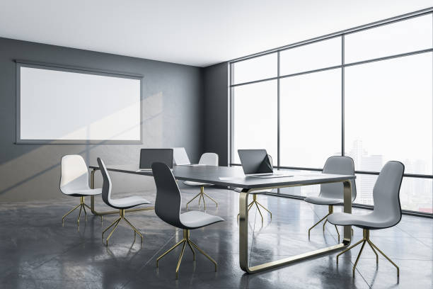 contemporary meeting room interior with blank tv screen - outdoor chair imagens e fotografias de stock